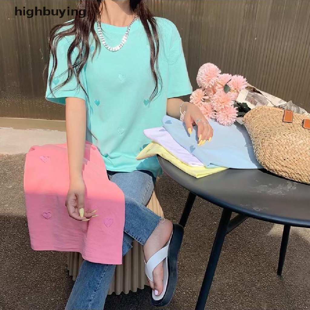 Áo Thun Tay Ngắn Cổ Tròn Thêu Hình Trái Tim Thời Trang Mùa Hè Cho Nữ