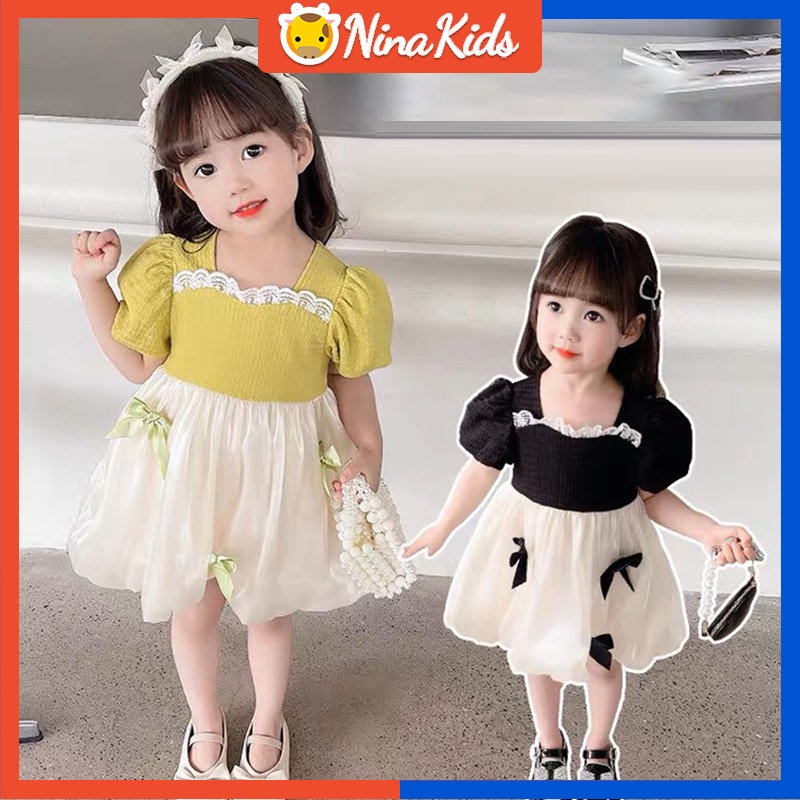 Đầm Tay Phồng Phối Lưới Đính Nơ Phong Cách Hàn Quốc Xinh Xắn Cho Bé Gái 0-5 Tuổi