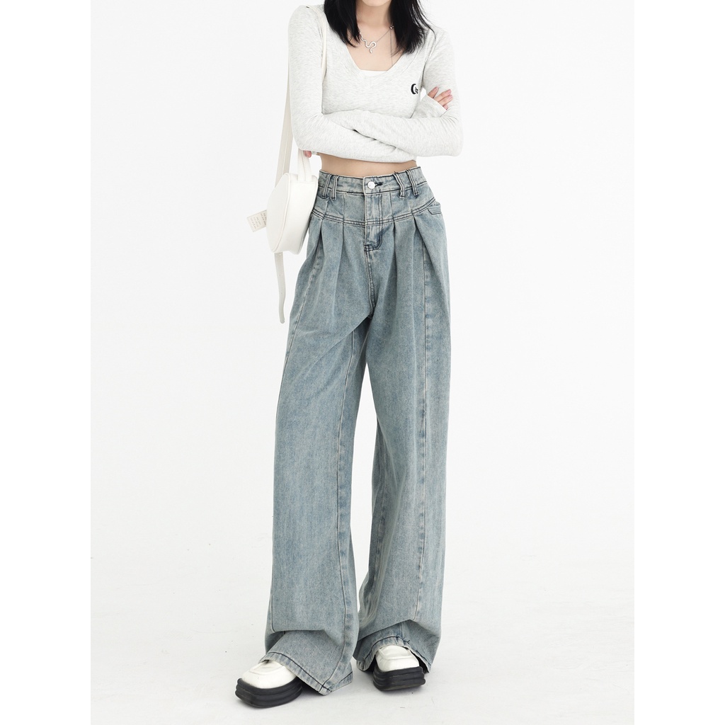 SUXI Quần Jean Ống Rộng Lưng Cao Tôn Dáng Phong Cách Vintage Hợp Thời Trang