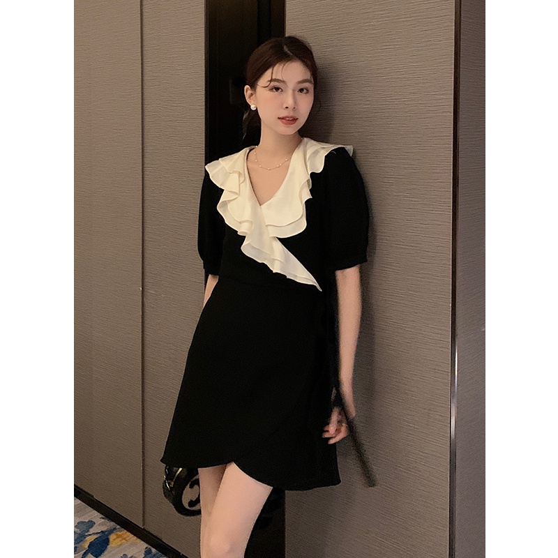 SUXI Đầm Dự Tiệc Ngắn Tay Cổ V Phối Bèo Thời Trang Mùa Hè Cho Nữ