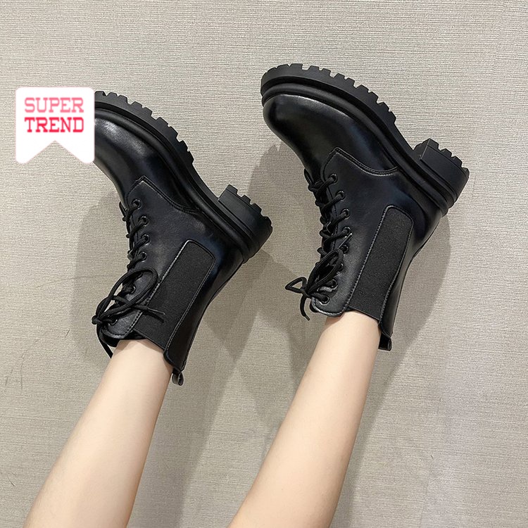 Giày Ống Ngắn Cột Dây Phía Trước Màu Trơn Cổ Điển Đơn Giản Thời Trang