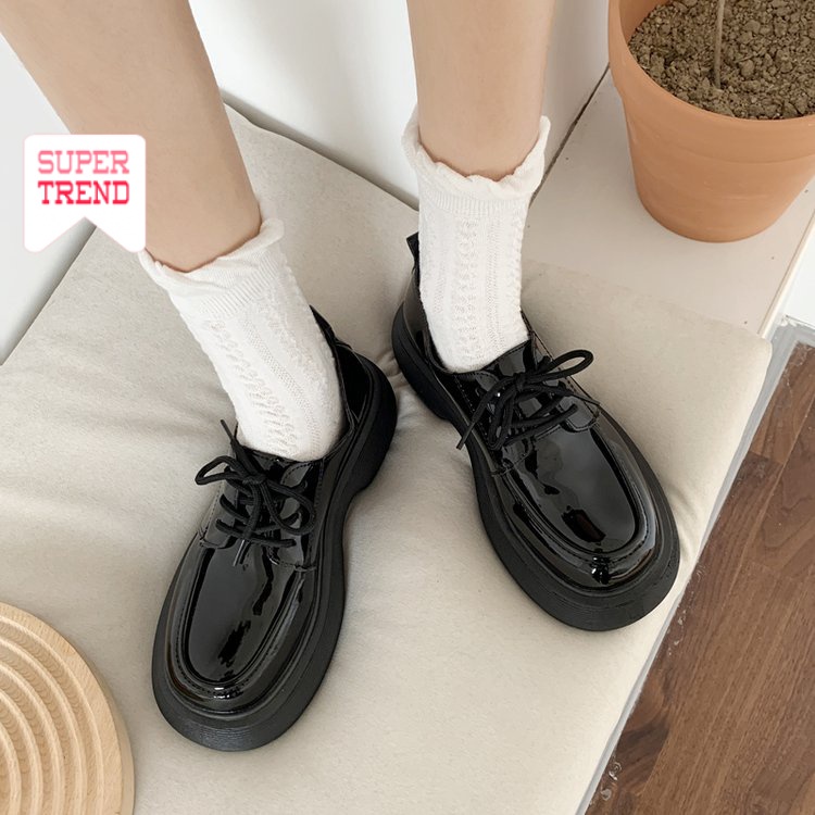 Giày Da Mũi Tròn Cột Dây Màu Trơn Đơn Giản Thoải Mái Hợp Thời Trang