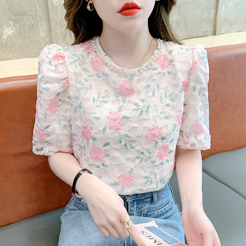 Áo Sơ Mi Tay Ngắn Phồng Phối Ren Hoa Đính Hạt Thời Trang Mùa Hè Phong Cách Mới Ngọt Ngào