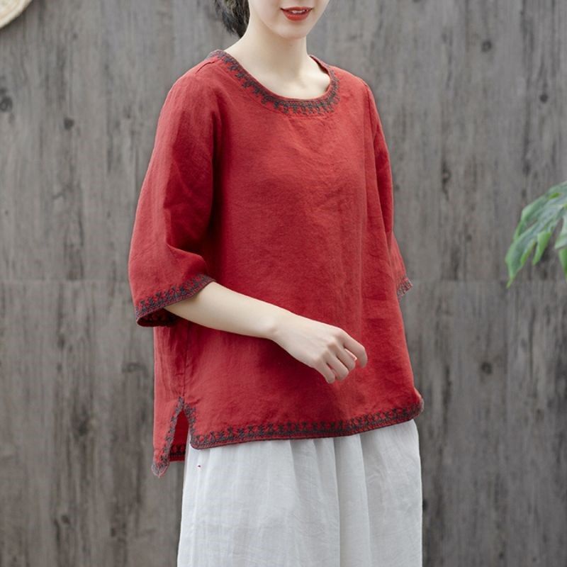 Áo Thun Cotton Lanh Mỏng Năm 2023 Chính Hãng Thêu Họa Tiết Thời Trang Mới Cho Nữ