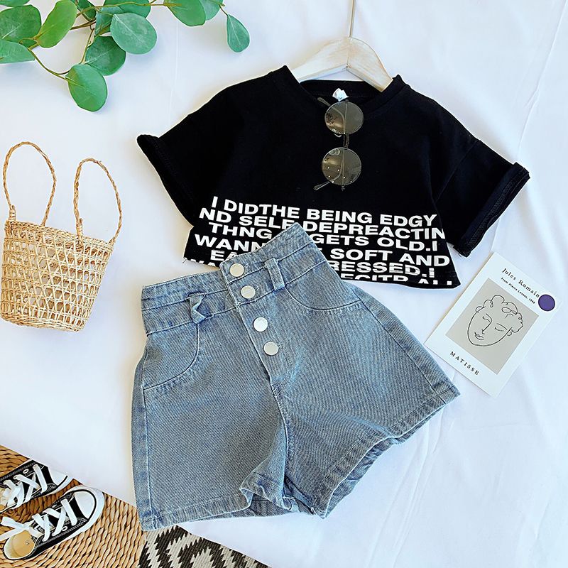 Set Áo Croptop Tay Ngắn + Quần Denim Phong Cách Hàn Quốc Thời Trang Mùa Hè Cho Bé Gái