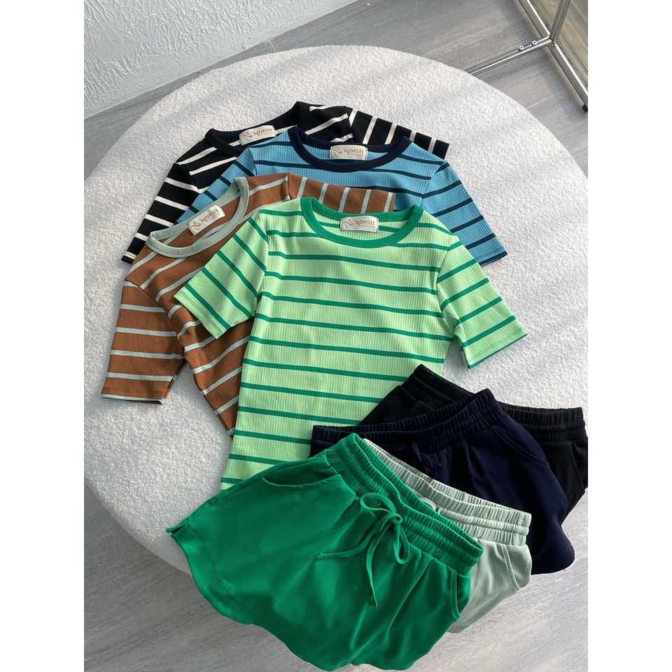 MINIE - Set áo thun ôm tay ngắn kẻ sọc + chân váy thun lót quần - co giãn, dày dặn, hàng may kỹ