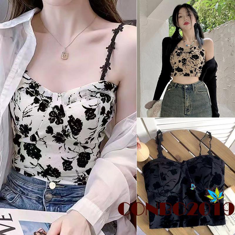 Áo Crop Top Không Tay In Hoa Có Đệm Ngực Dành Cho Nữ