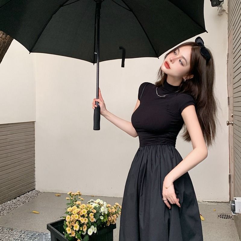 COZOK Đầm Ngắn Tay Cổ Cao Thời Trang Vintage Xinh Xắn