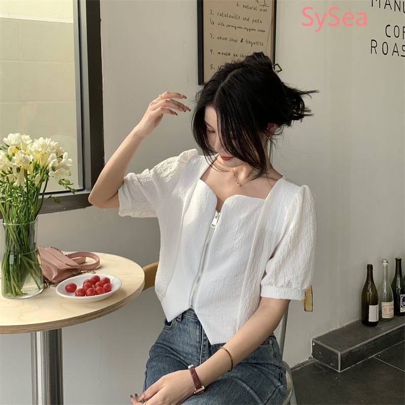 Áo Kiểu Cổ Vuông Phối Khóa Kéo Phong Cách Hàn Quốc Cho Nữ