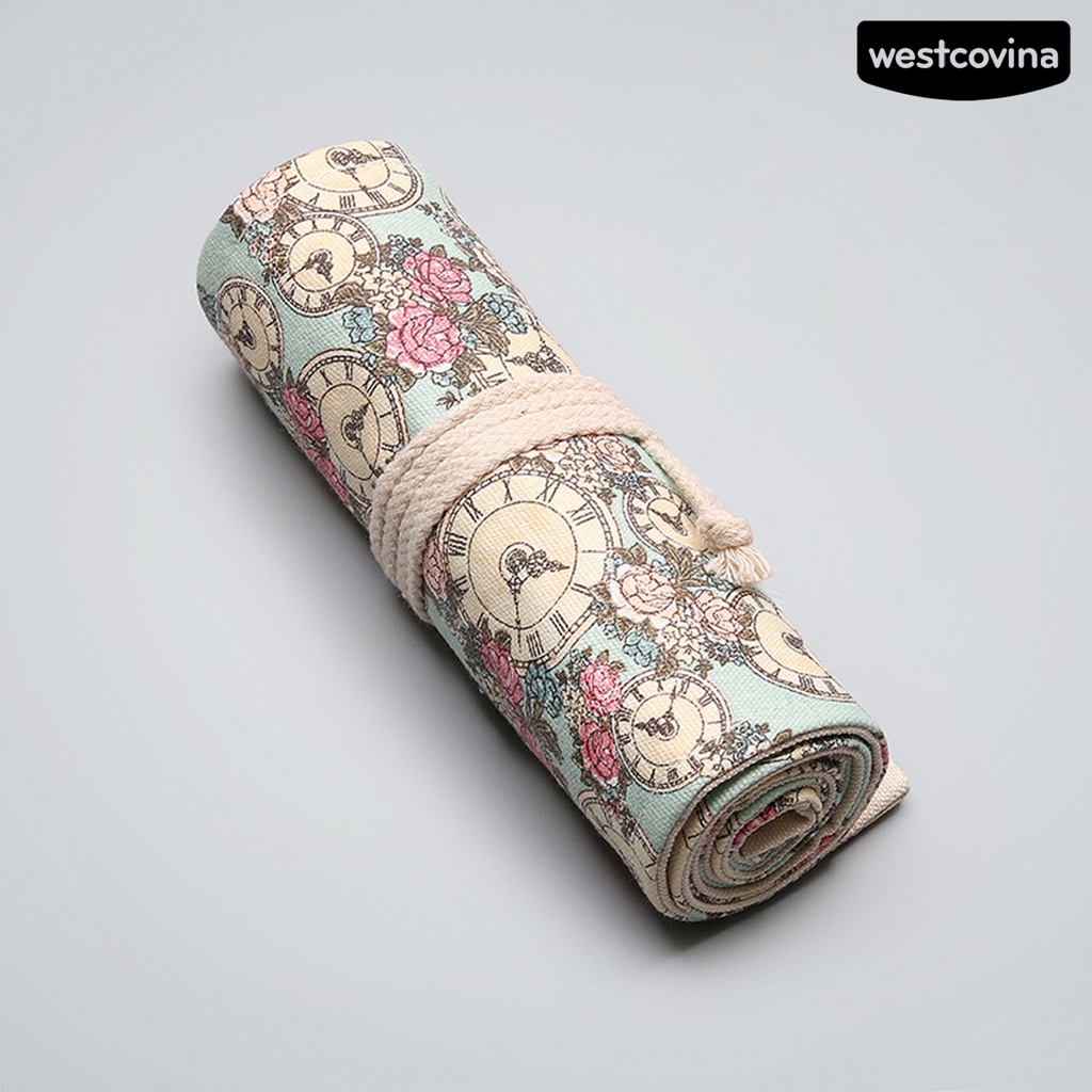 [COD]♪Túi Đựng Bút Dạng Cuộn 12 / 24 / 36 / 48 / 72 Lỗ Bằng Vải Canvas In Họa Tiết Hoa Hồng Sức Chứa Lớn