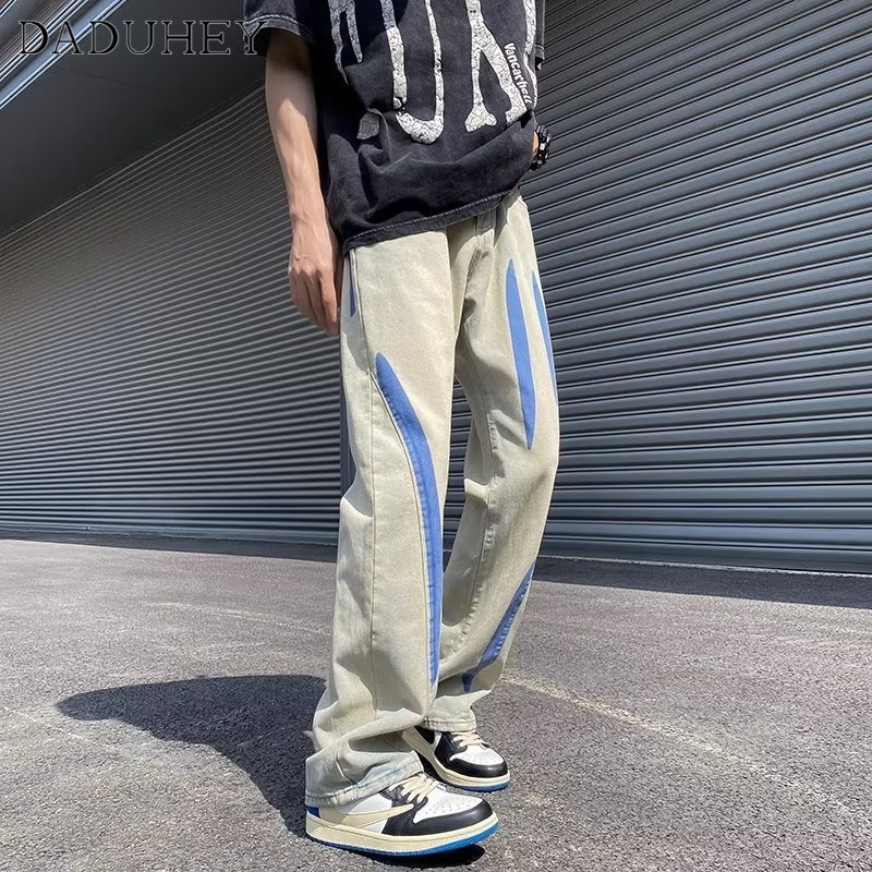 DaDuHey Men's Hong Kong Style Fashion Loose All-Matching Jeans 2023 New Summer Hip Hop Ins High Street Handsome Casual Pants