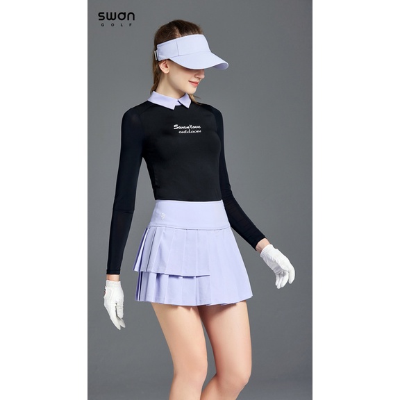 Bộ Trang Phục Đánh Golf Áo Thun Tay Dài Phối Chân Váy Xếp Ly Ôm Dáng Màu Sắc Tương Phản Thời Trang Cho Nữ OBQ9