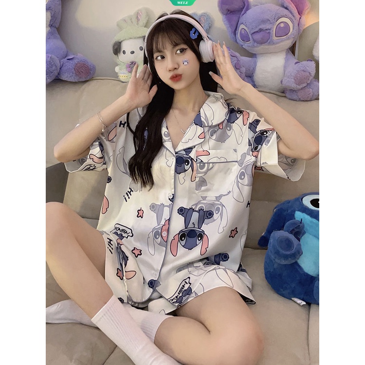 Bộ Đồ Ngủ Ngắn Tay Họa Tiết Stitch Hoạt Hình Đơn Giản Thoải Mái Cho Nữ