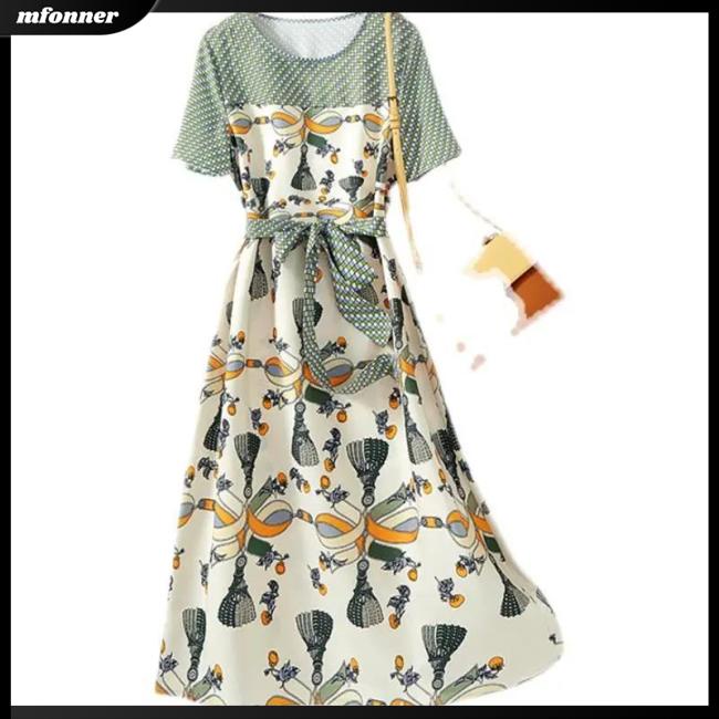 Đầm Midi Giả Hai Lớp Dáng Chữ A Tay Ngắn Cổ Tròn Màu Sắc Tương Phản Thời Trang Cho Nữ