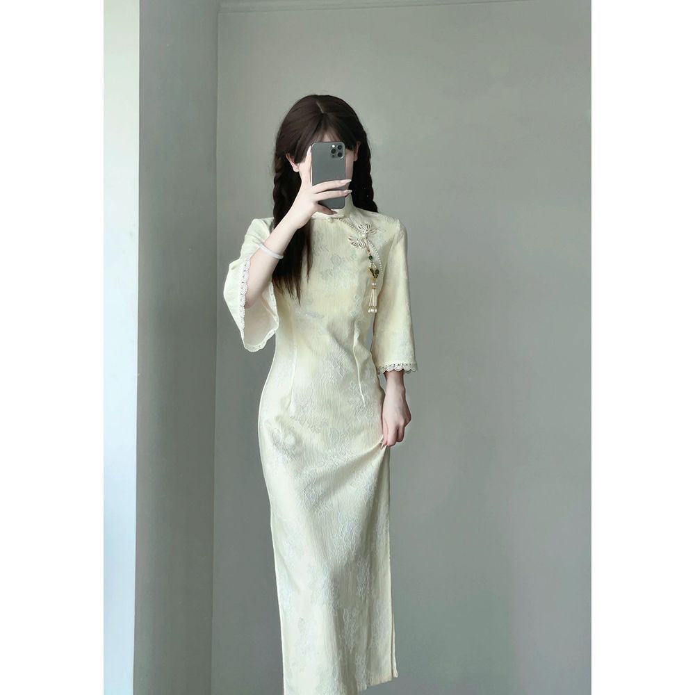 Đầm Sườn Xám Cách Tân Tay Rộng Phối Ren Phong Cách Vintage Chất Lượng Cao Cho Nữ