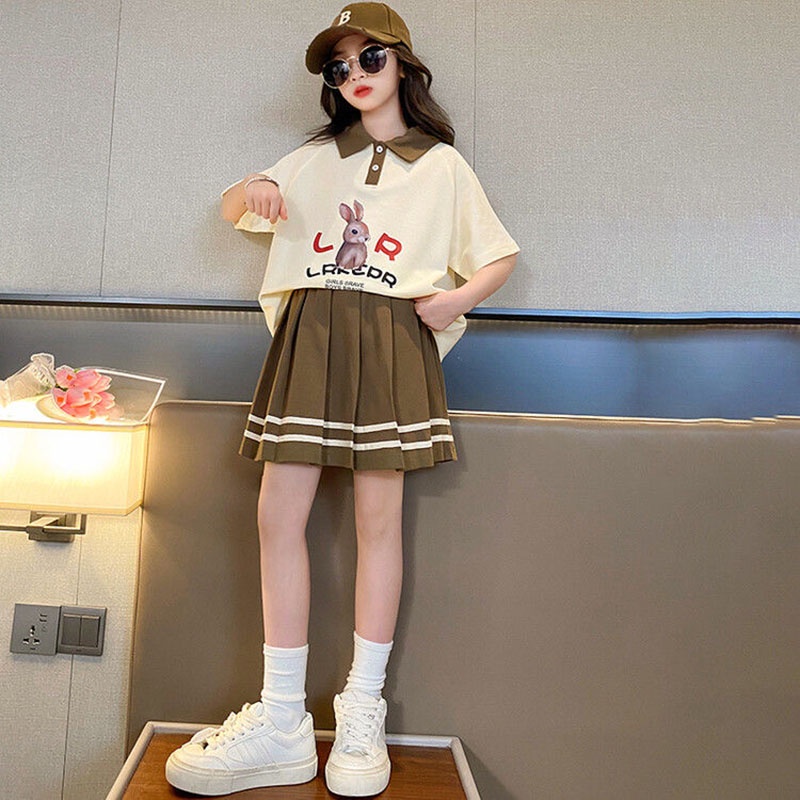 Bộ Áo Váy Hai Mảnh Mùa Hè In Họa Tiết Hoạt Hình Phong Cách Hàn Quốc Cho Bé Gái 3-14 Tuổi