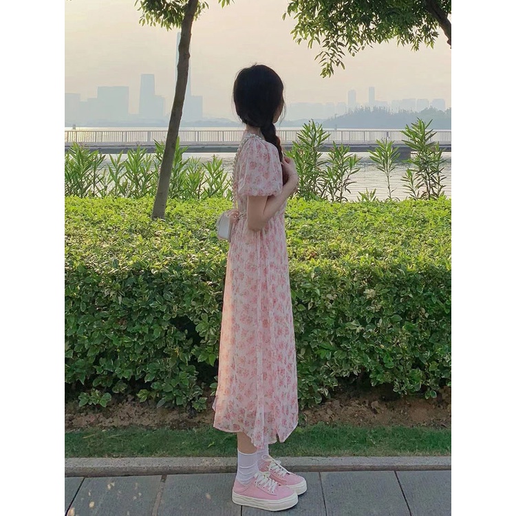 Mori First Love Đầm Dài Tay Phồng Nhấn Eo Hẹp Eo Hẹp In Hoa Kiểu Pháp Thanh Lịch Mùa Hè