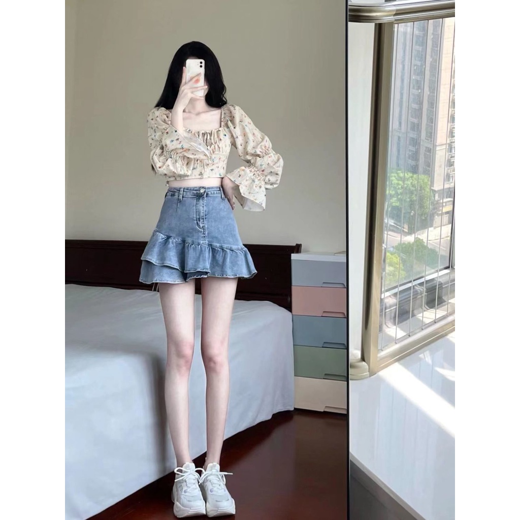 Set Áo Thun Ngắn Tay + Chân Váy Denim Thời Trang Dành Cho Nữ