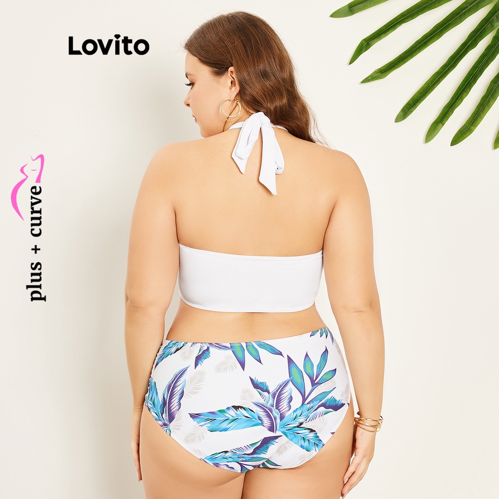 Bộ đồ bơi bikini Lovito có đệm ngực cổ yếm xếp nếp boho tôn đường cong size lớn cho nữ LPS07068 (Màu trắng)