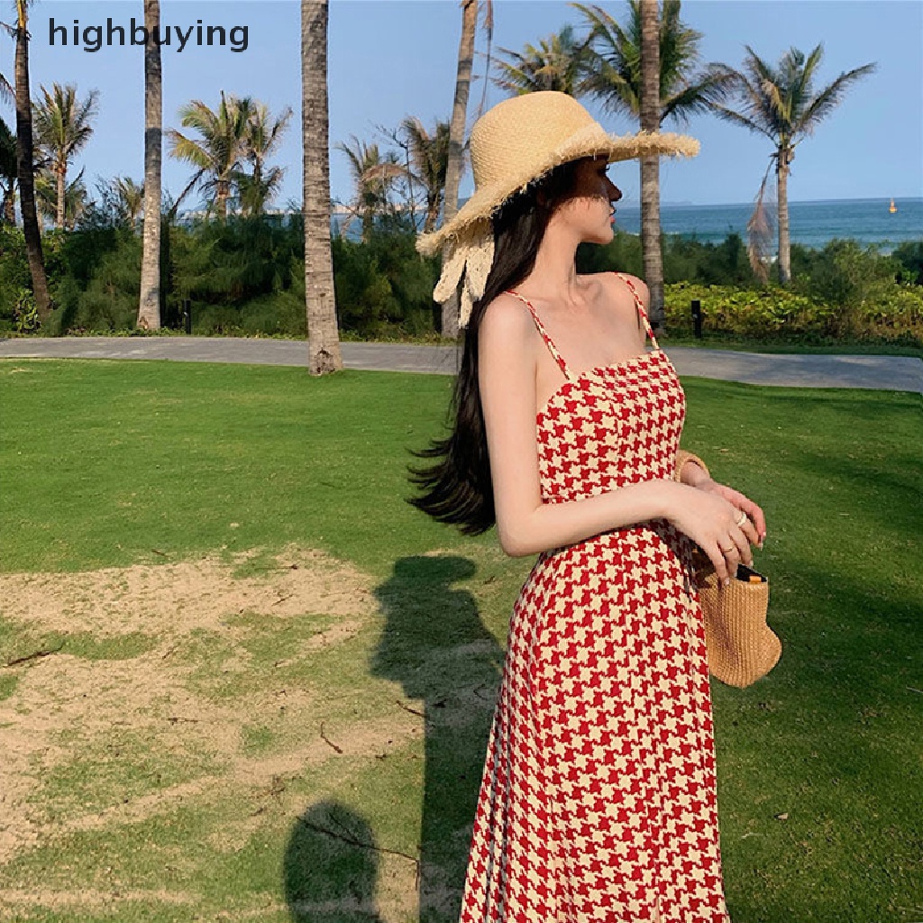 Đầm Maxi Hai Dây Dáng Chữ A Xẻ Tà Họa Tiết Sọc Caro Phong Cách Vintage Pháp