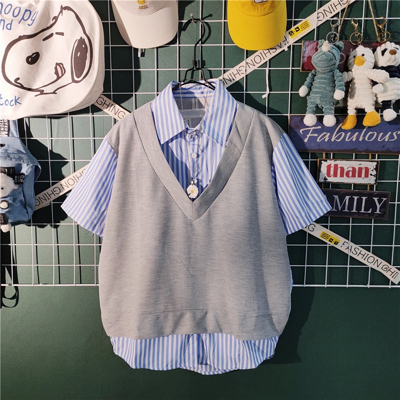 Áo Sơ Mi Giả Hai Lớp + Quần Short Dáng Rộng Thời Trang Mùa Hè Cho Nam