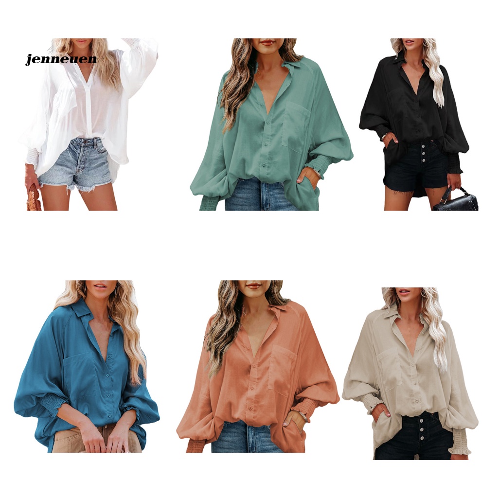 Jen Áo Sơ Mi Tay Phồng Màu Trơn Thanh Lịch Thư Giãn Vừa Vặn Đường Phố Cho Nữ