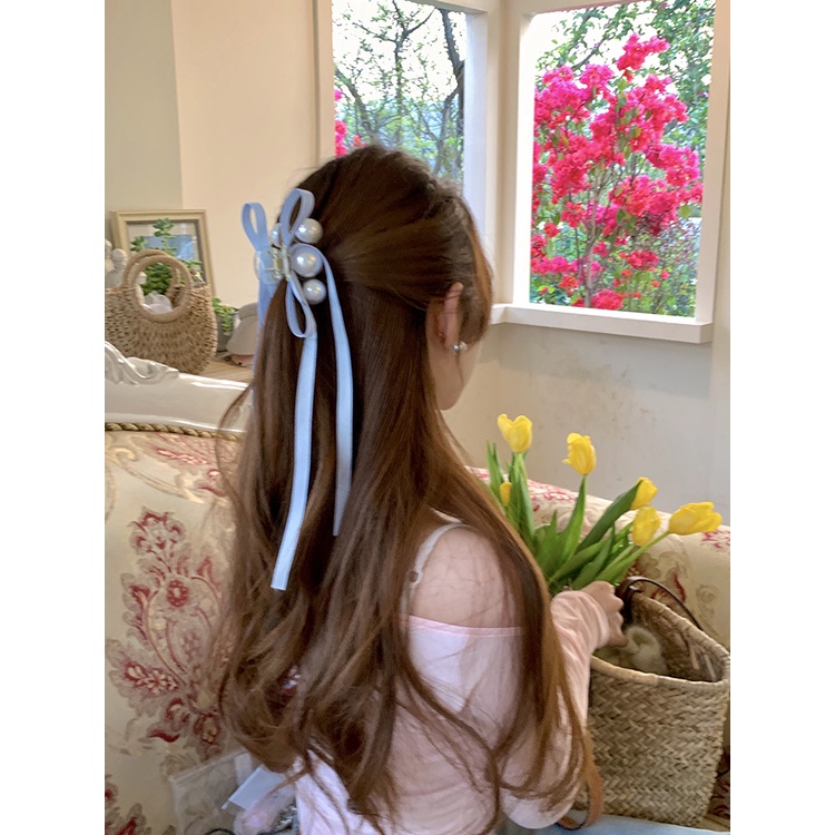 Kẹp Tóc Ruy Băng Đính Ngọc Trai Nhân Tạo Kiểu Dáng Thời Trang