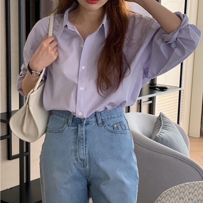 SUXI Áo Sơ Mi Tay Dài Dáng Rộng Màu Sắc Đơn Giản Phong Cách Hàn Quốc Thời Trang Cho Nữ