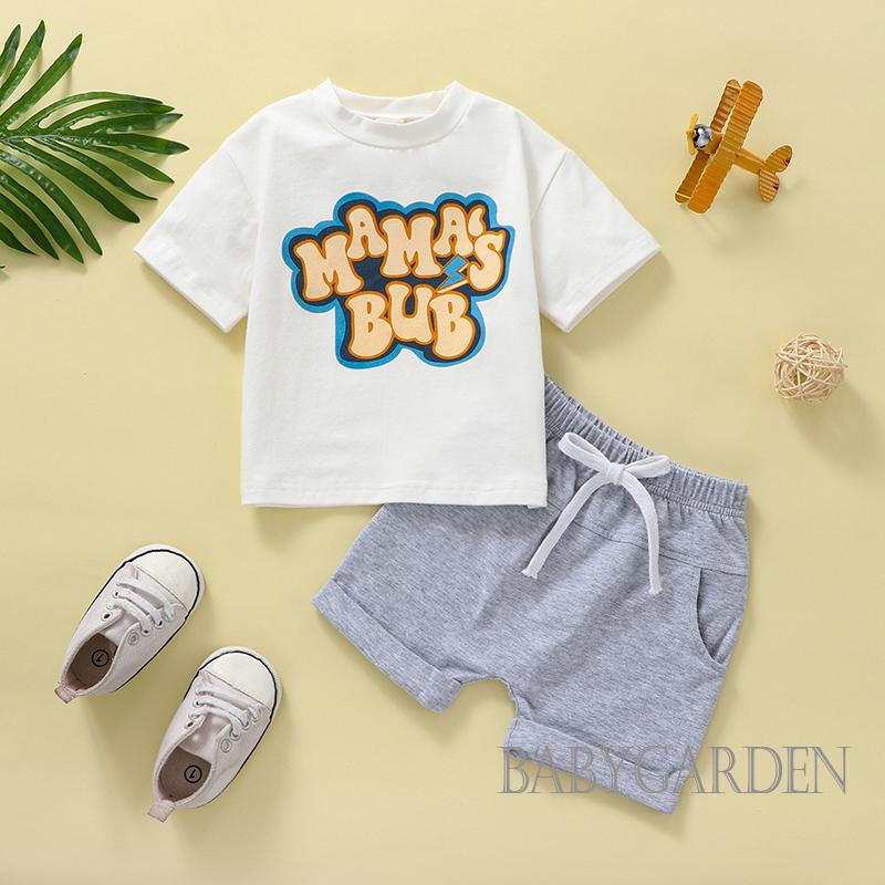 Bộ Áo Sơ Mi Tay Ngắn In Chữ + Quần Ngắn Màu Trơn Phối Dây Rút Thời Trang Đường Phố Cho Bé Trai 0-3 Tuổi