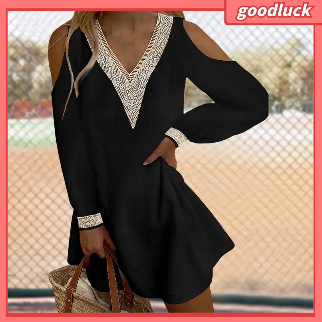 Đầm Mini Tay Dài Màu Trơn Cổ Chữ V Phối Ren Thanh Lịch Cho Nữ