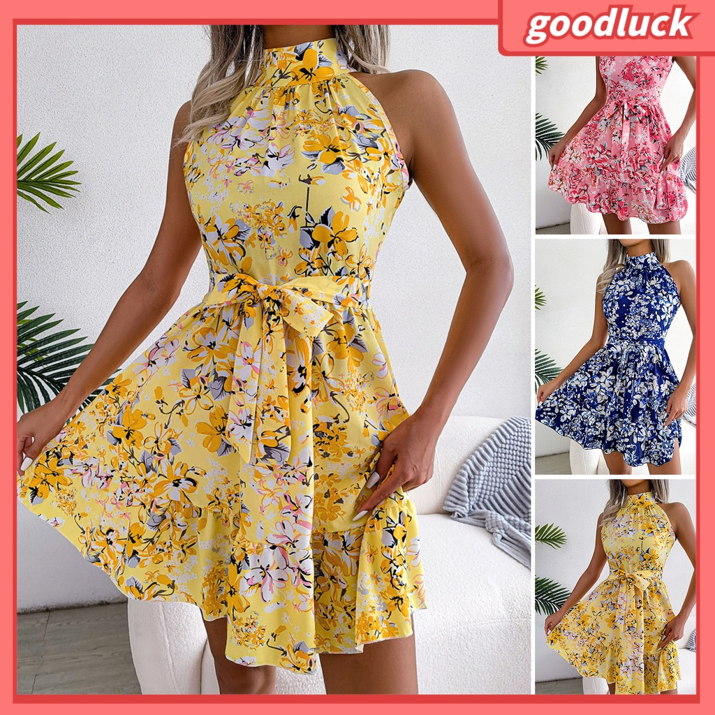 Đầm Chiffon Mini Không Tay Cổ Cao Hở Vai Phối Bèo In Họa Tiết Hoa Có Diềm Xếp Nếp Cho Nữ