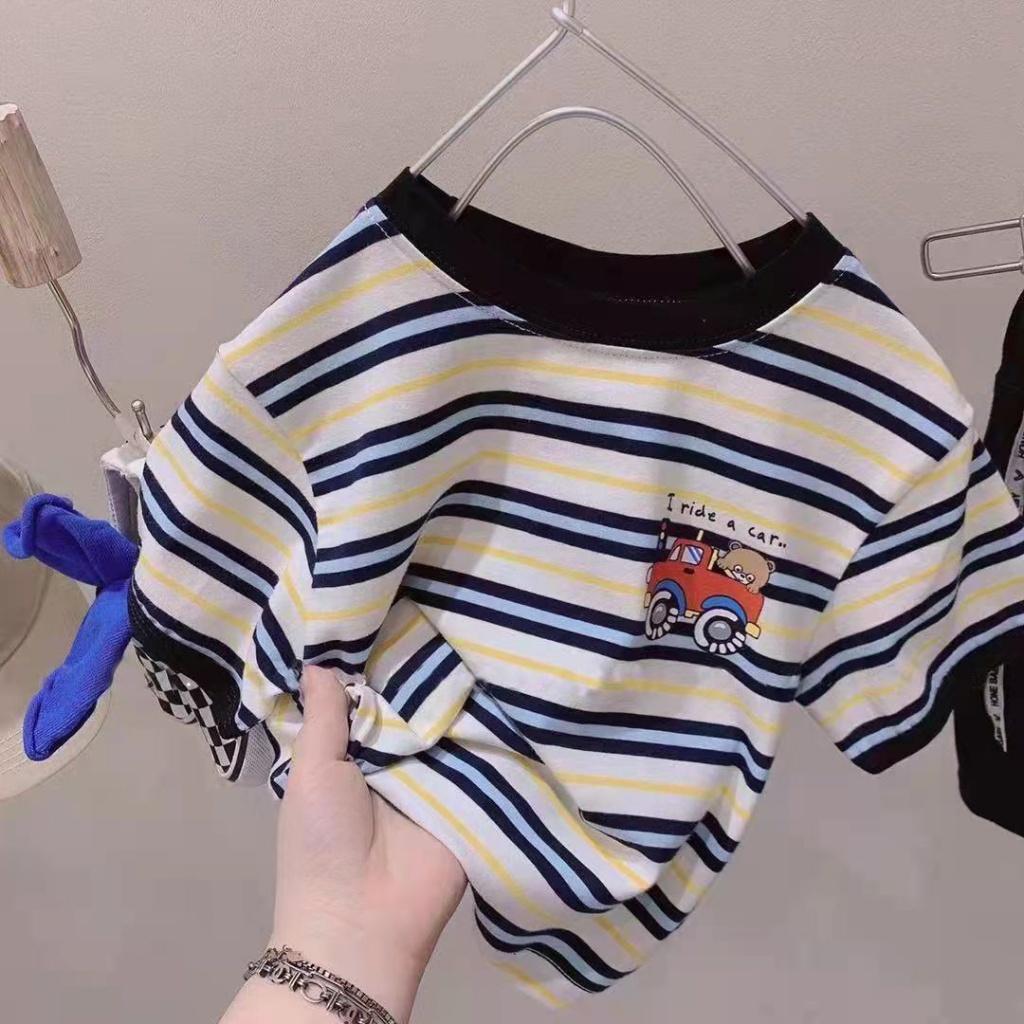 Áo Thun Ngắn Tay Dáng Rộng Họa Tiết Kẻ Sọc In Chữ Thời Trang Mùa Hè Cho Bé Trai