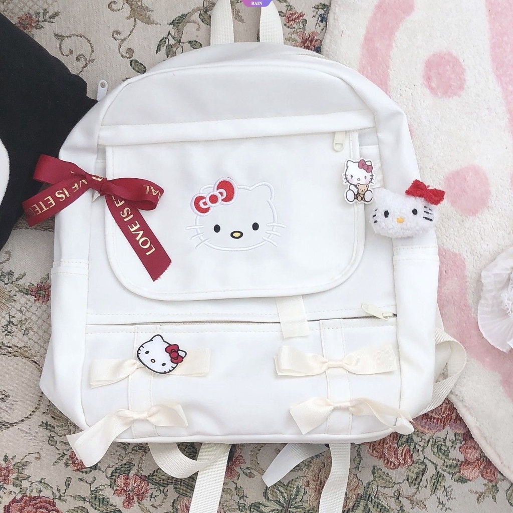 Ba Lô Vải Canvas Cỡ Lớn Có Khóa Kéo Họa Tiết Hoạt Hình Sanrio Hello Kitty Màu Trắng Cho Nữ