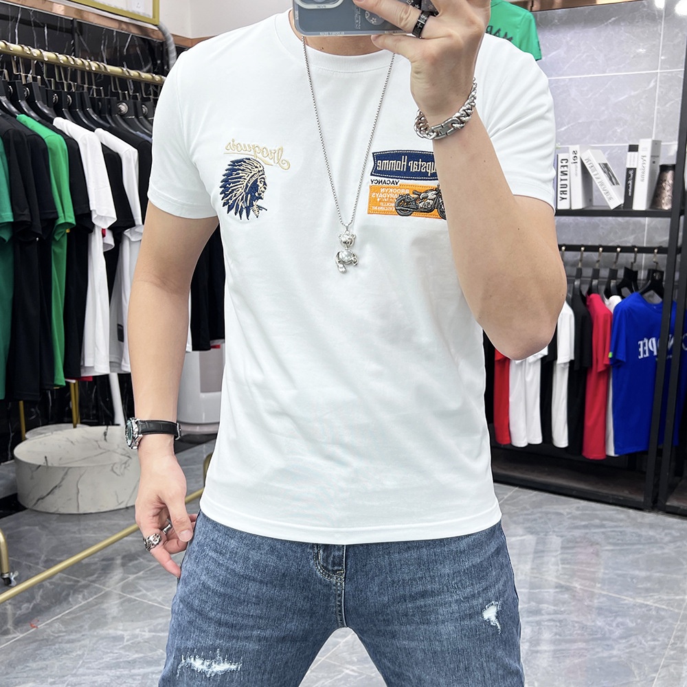 Áo Thun Tay Ngắn Cổ Tròn Dáng Ôm Thêu Họa Tiết Xe Mô Tô Phong Cách Châu Âu Thời Trang Mùa Hè Cho Nam