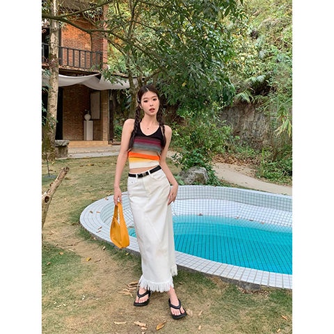 Chân Váy Jeans Dài Lưng Cao Thời Trang Hàn Cho Nữ