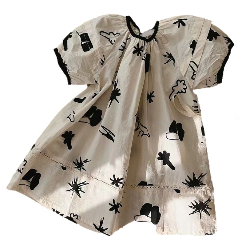 Đầm Tay Ngắn Dáng Rộng In Họa Tiết Thời Trang Hàn Quốc Mới 2023 Cho Bé Gái