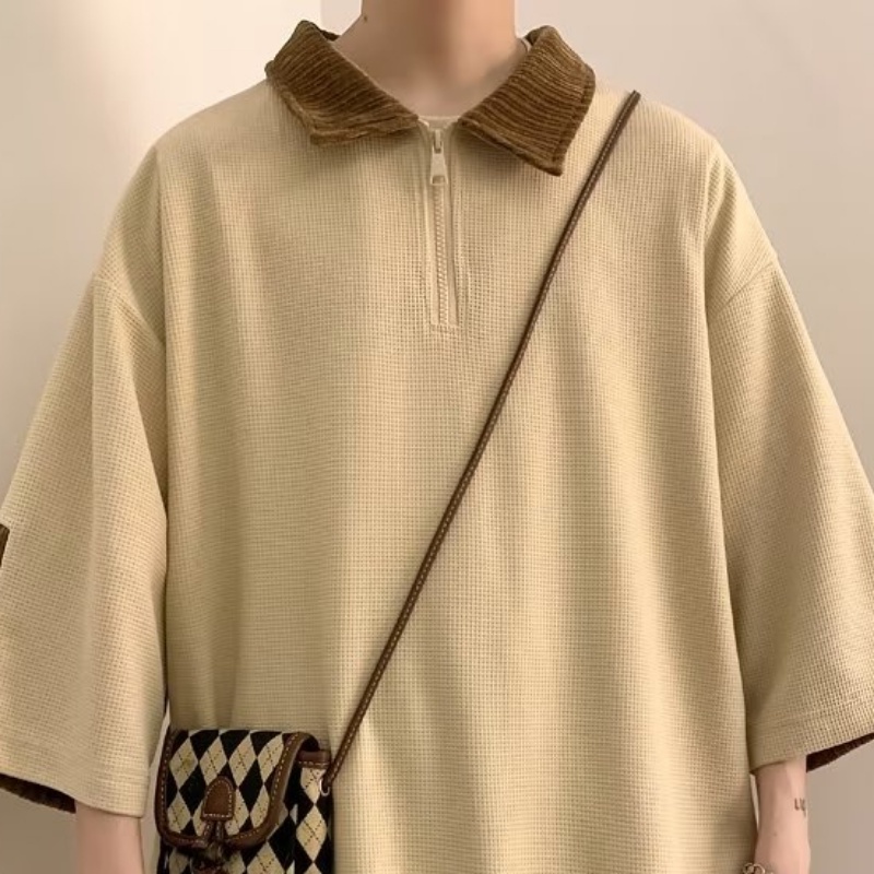 Áo Thun polo Tay Ngắn Có Khóa Kéo Màu Sắc Tương Phản Phong Cách Đường Phố Mỹ Thời Trang Mùa Hè Cho Nam