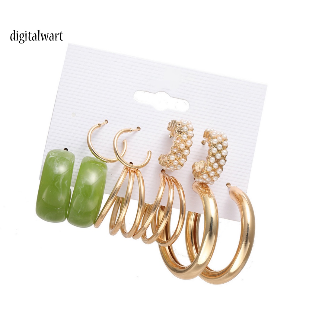 Kỹ Thuật Số| Set 5 Đôi Khuyên Tai Tròn Đính Ngọc Trai Nhân Tạo Phong Cách Bohemian Thời Trang