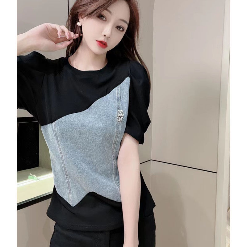 Áo Thun Denim Tay Ngắn Phồng Ôm Dáng Phong Cách Phương Tây Thời Trang Mùa Hè 2023 Dành Cho Nữ