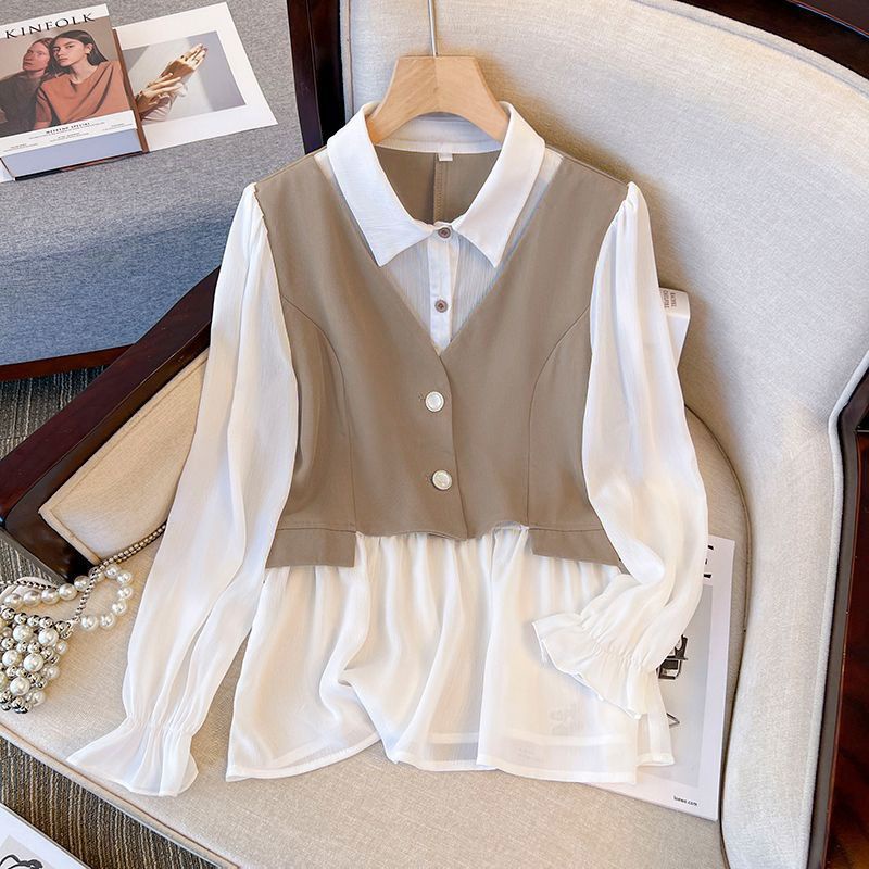 Plus Bộ Áo Sơ Mi Giả Hai Mảnh + Quần Ôm Eo Phong Cách Phương Tây Thời Trang 2023 Cho Nữ