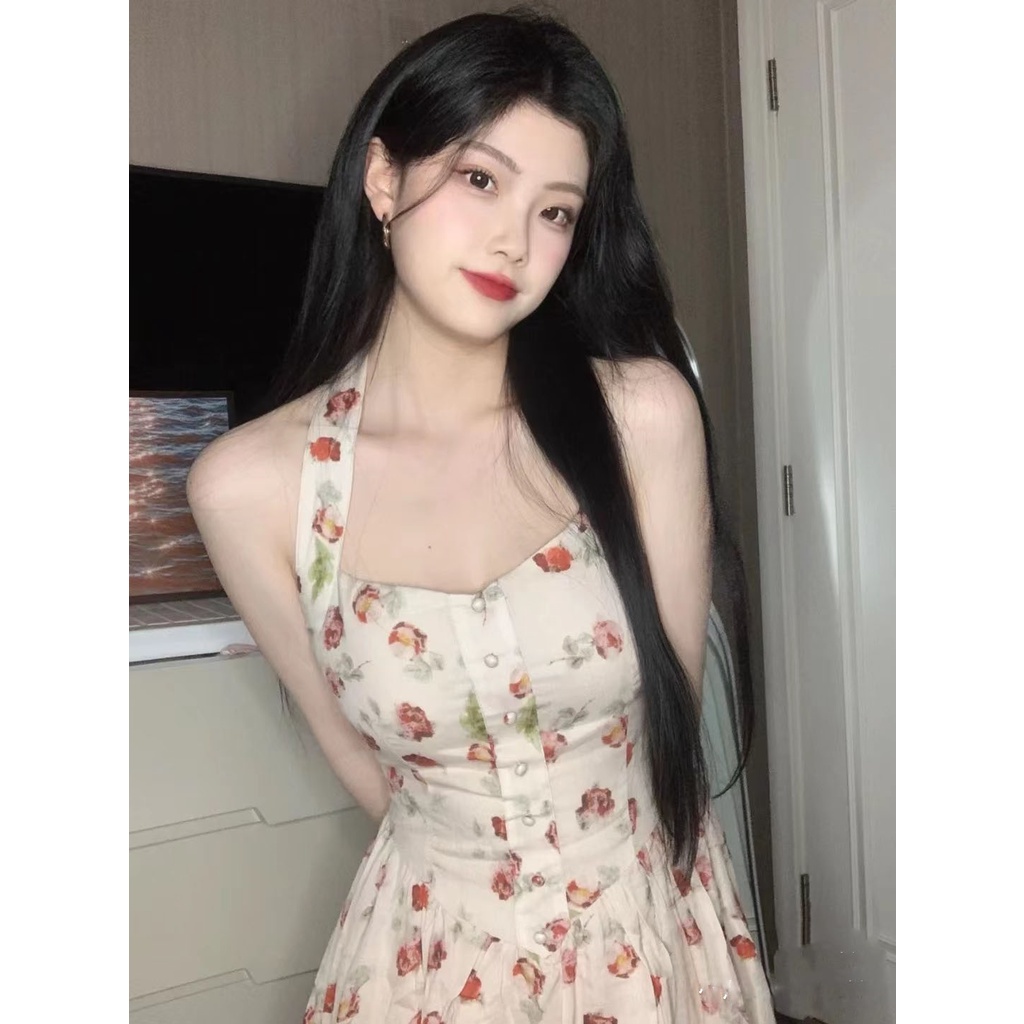 Đầm Hai Dây Họa Tiết Hoa Hồng Phong Cách Pháp Cổ Điển Thời Trang Mùa Hè