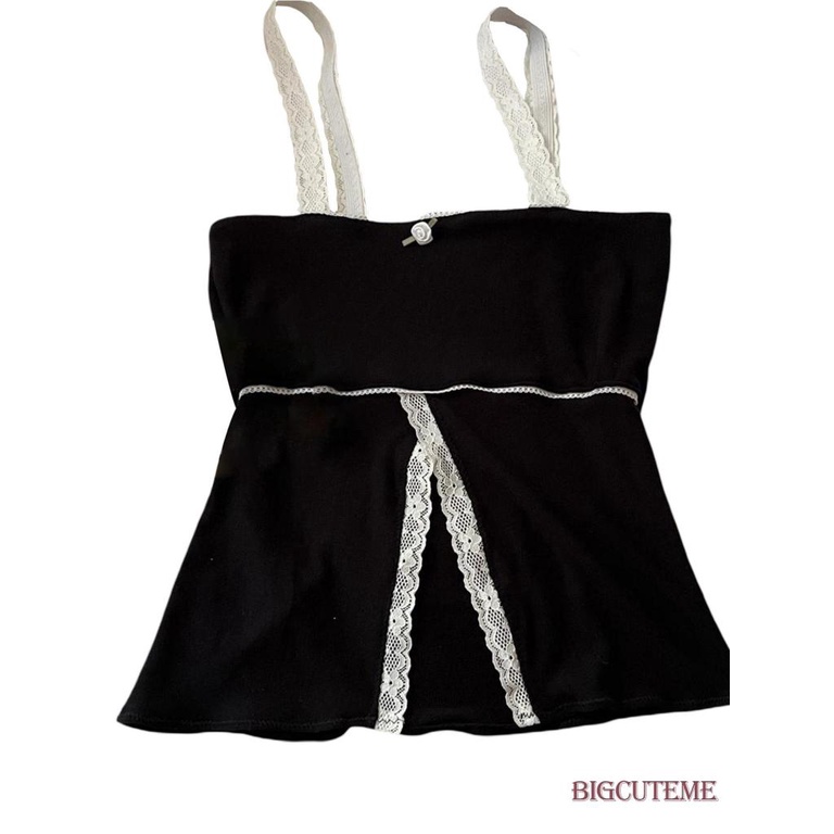 [] - Bộ Trang Phục 2 Mảnh Áo Hai Dây Phối Ren + Quần Short Lưng Thun Màu Đen Thời Trang Mùa Hè Cho Nữ