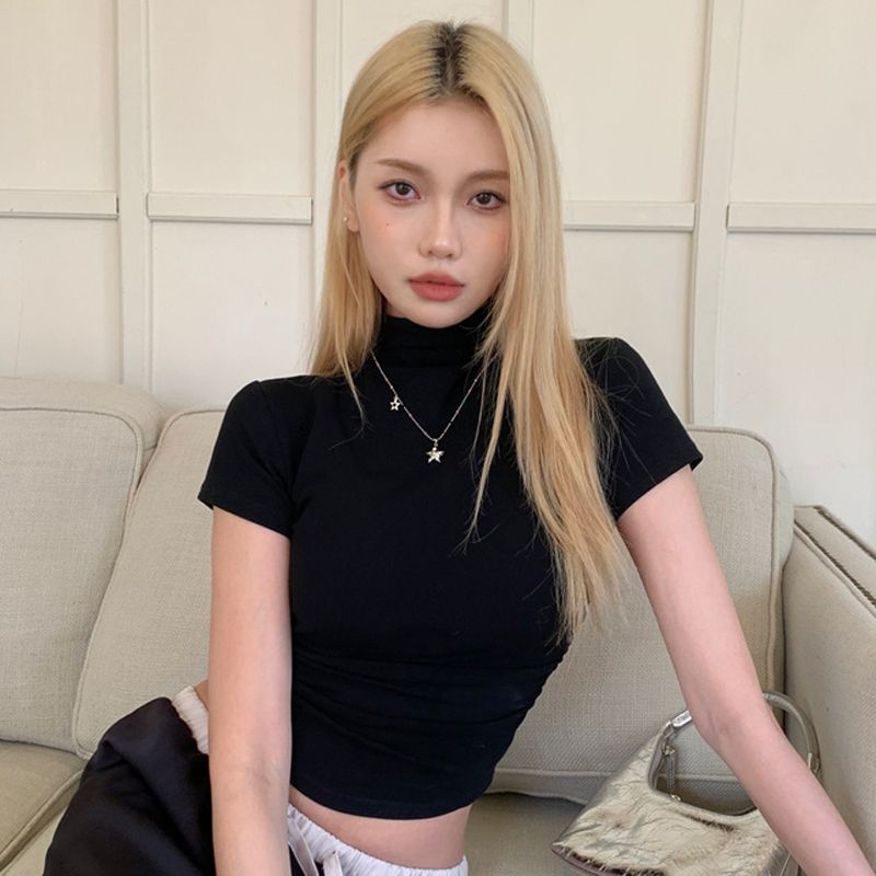 Áo thun COZOK dệt kim tay ngắn cổ cao đơn giản trẻ trung