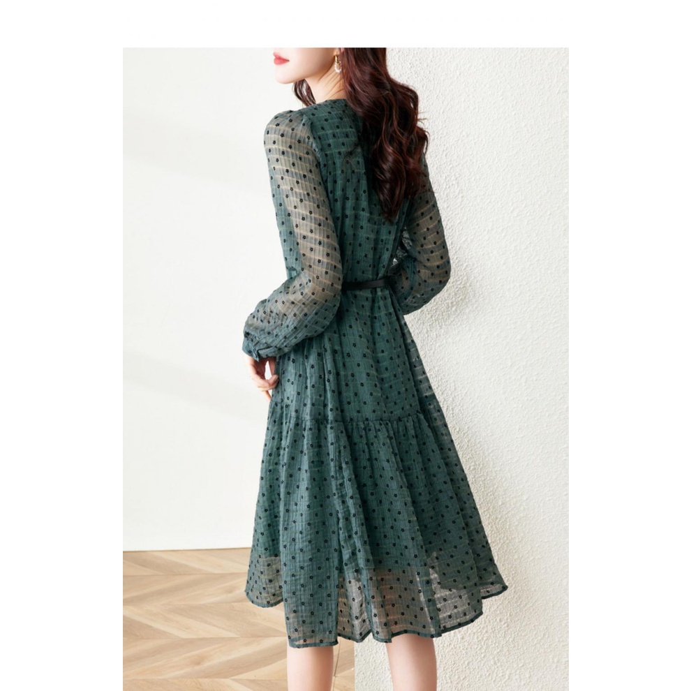 Đầm váy xanh voan hoa nhí hè thu đi chơi đi làm du lịch thời trang nữ quảng châu cao cấp phối belt bán chạy Xiny D178230