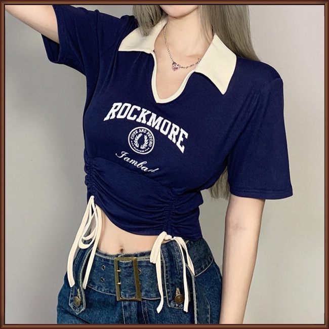 Áo Croptop Tay Ngắn Phối Dây Rút Màu Sắc Tương Phản Thời Trang Mùa Hè Xinh Xắn Cho Nữ