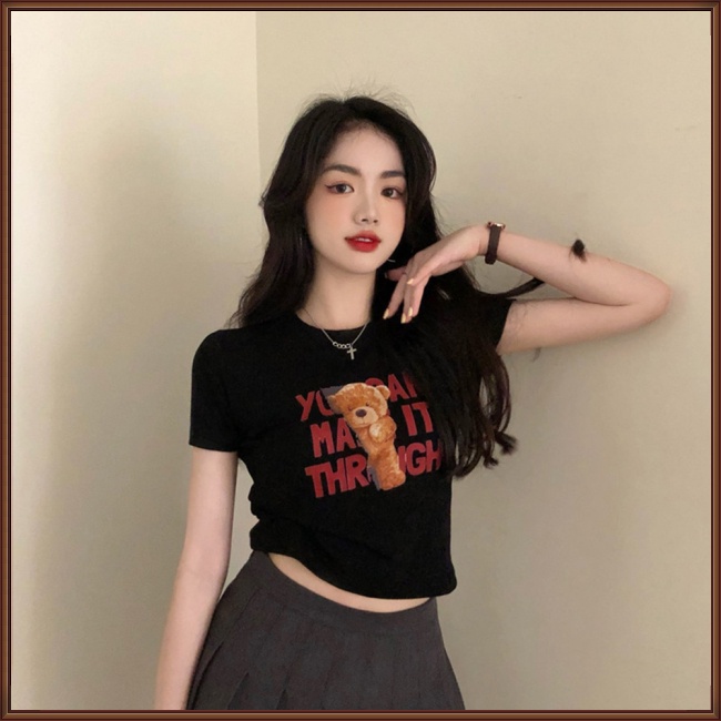 Áo Thun Tay Ngắn Cổ Tròn In Hình Gấu Và Chữ Thời Trang Dành Cho Nữ