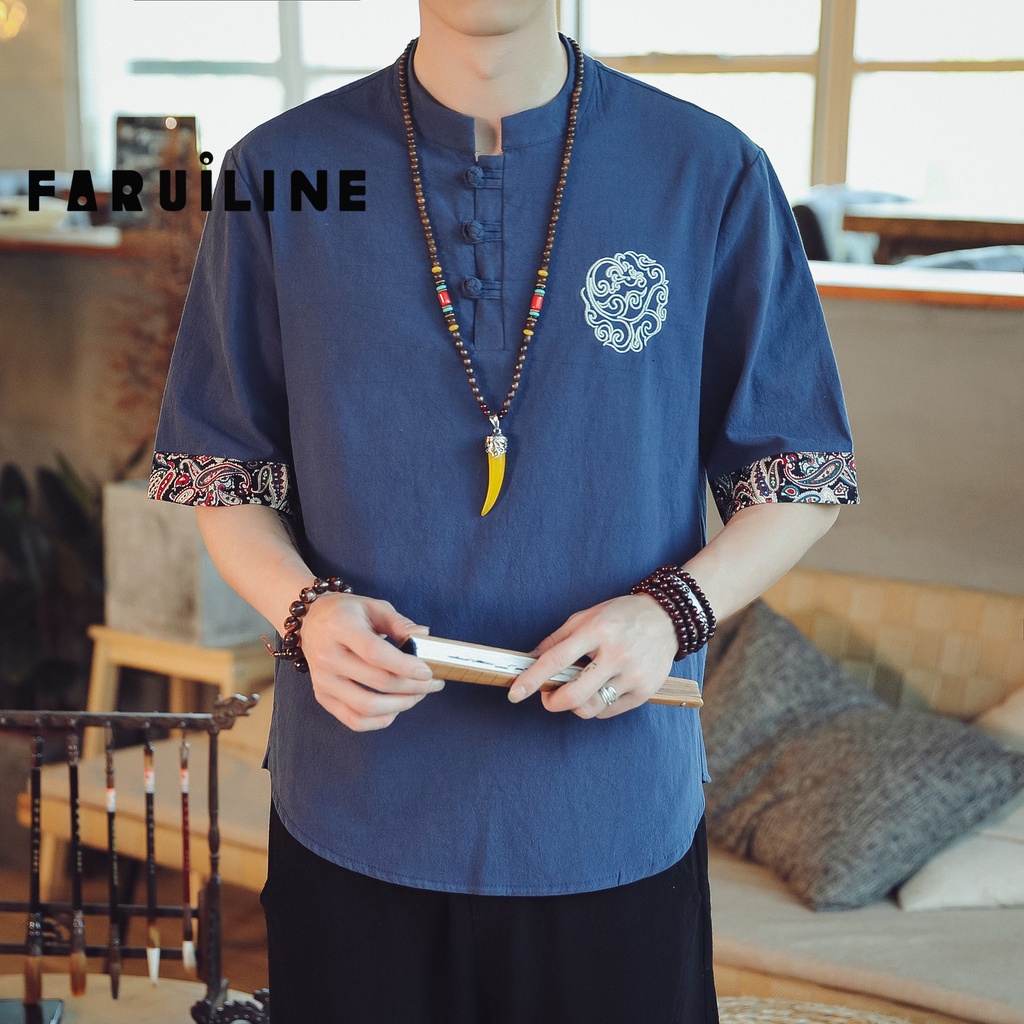 Áo Sơ Mi Nam Vải Lanh Cotton Tay Ngắn Cài Nút Đĩa Phong Cách Trung Hoa Retro Fru492