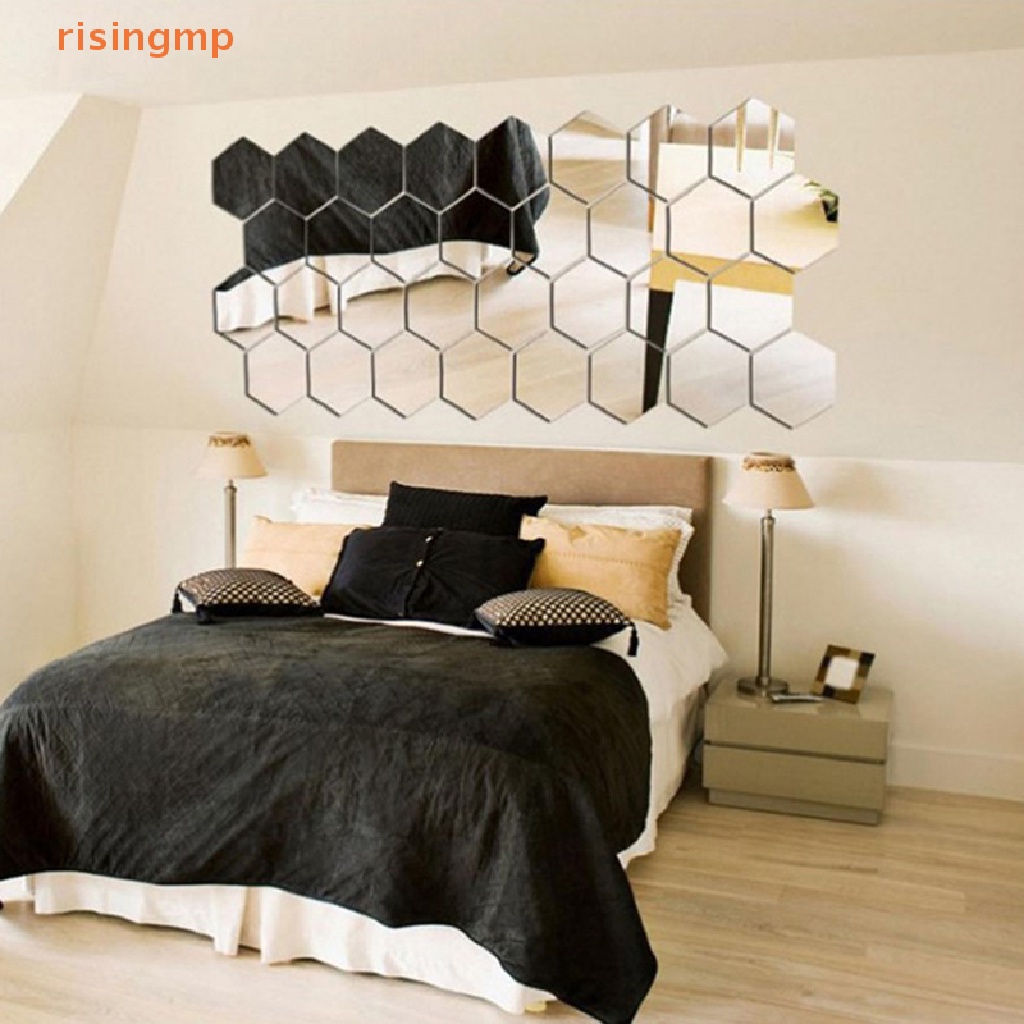 Set 12 Sticker Lục Giác Tráng Gương 3D Dán Tường Trang Trí Nội Thất DIY