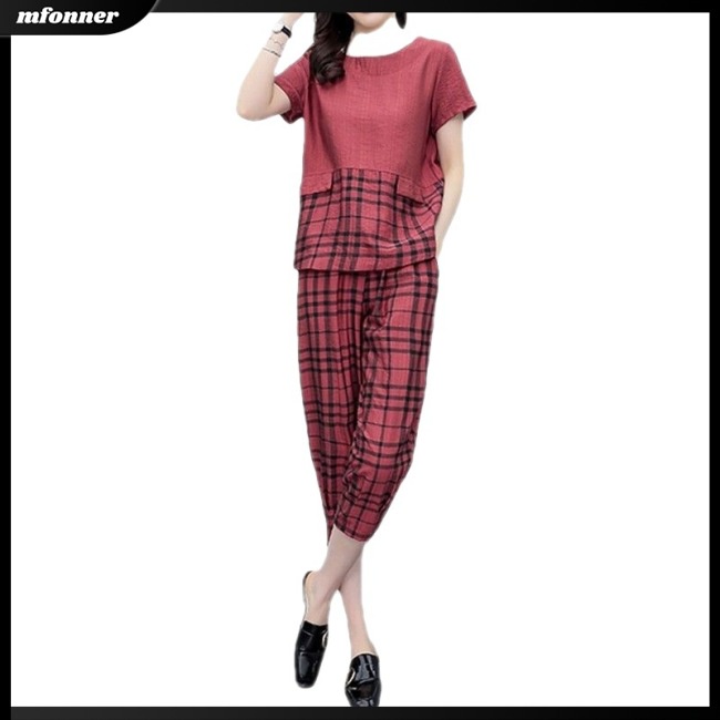 Bộ Trang Phục 2 Mảnh Chất Liệu Cotton Lanh Cổ Tròn Tay Ngắn Dáng Rộng Họa Tiết Sọc Caro Cho Nữ