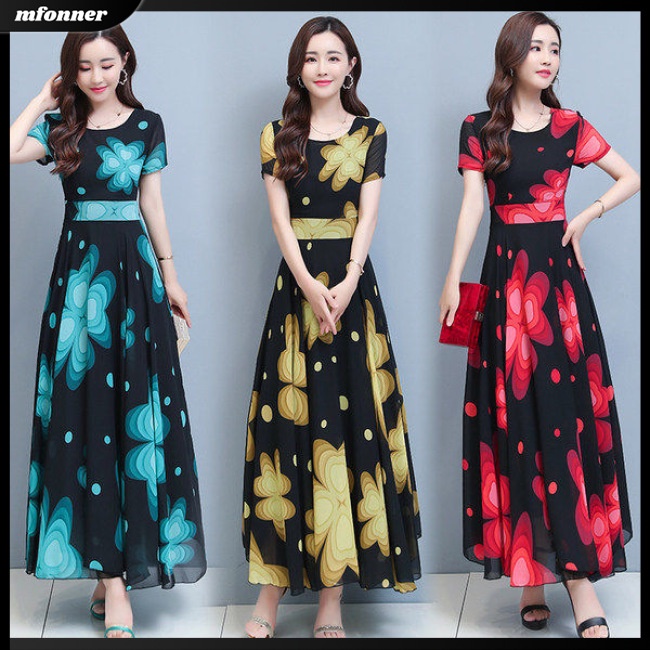 Đầm Voan Hoa Ngắn Tay Cổ Tròn Ôm Eo Thời Trang Mùa Hè Dành Cho Nữ